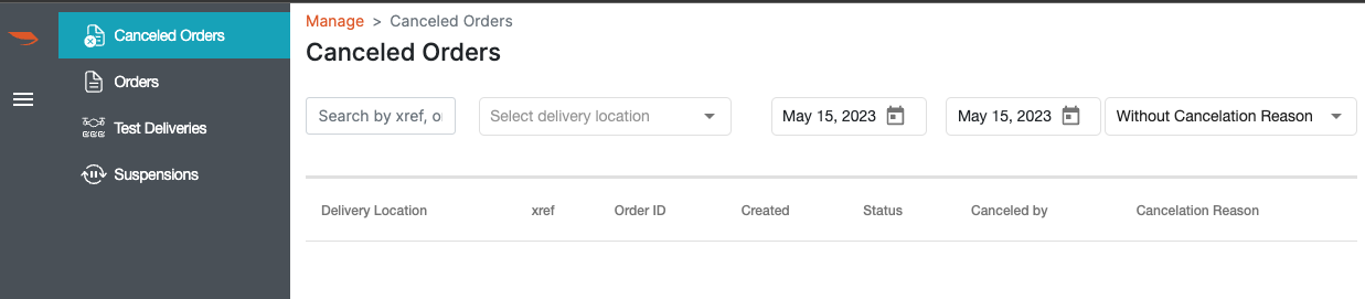 HubOps Web Application Canceled Orders Page