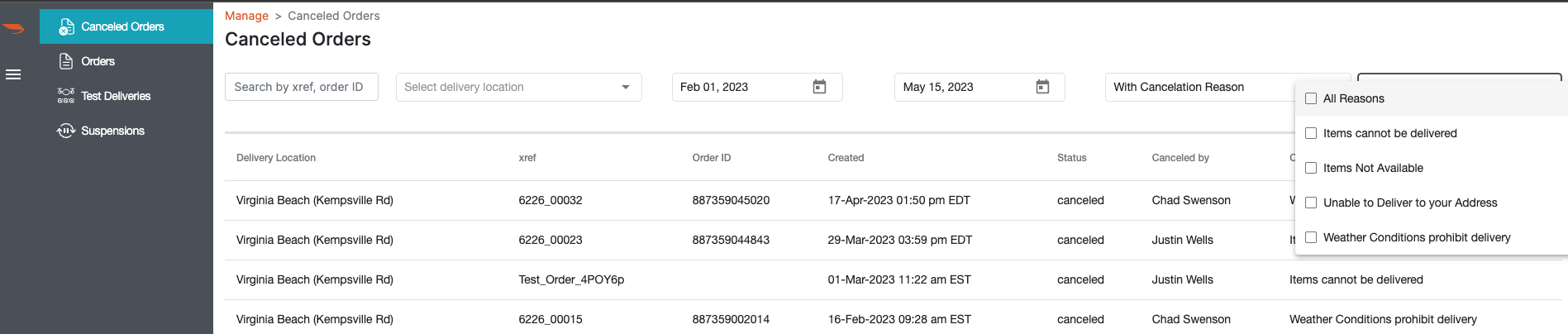 HubOps Web Application Canceled Orders Filtering