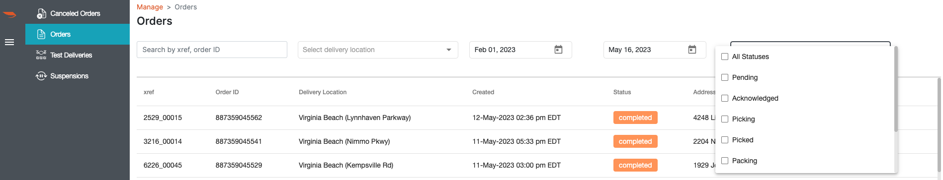 HubOps Web Application Orders Page