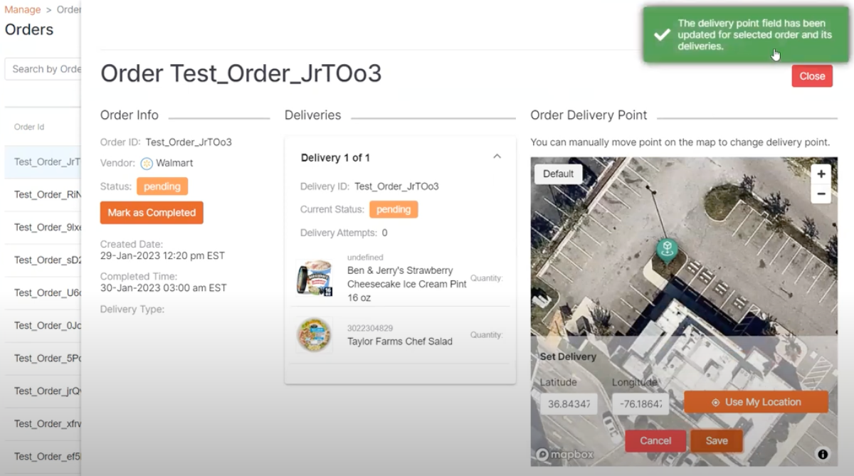 HubOps Web Application Orders Page - Delivery Location Confirmation