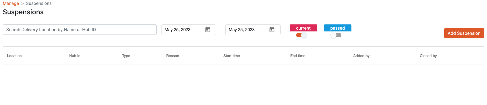 HubOps Web Application Suspensions Page