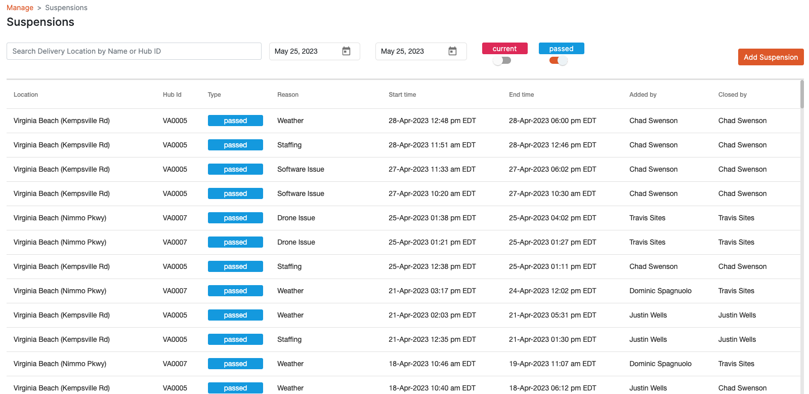 HubOps Web Application Suspensions Page - Example List
